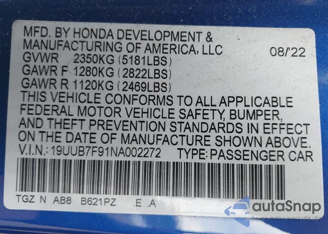 2022 Acura Tlx Type S - Hp Wheel And Tire z USA, uszkodzony, nr VIN 19UUB7F91NA002272